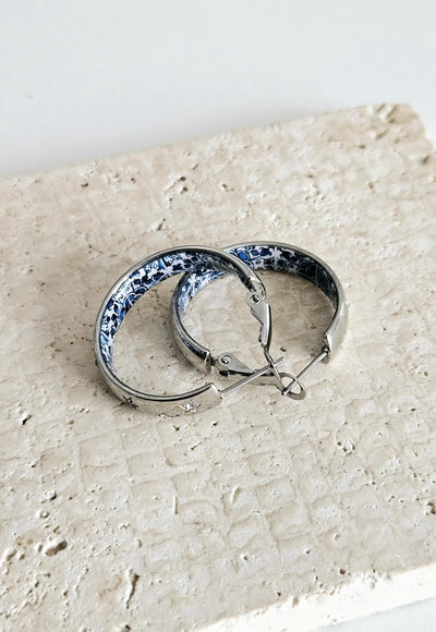 Antique BLUE Tile Large HOOP Earring Blue Flower Silver STEEL Azulejo Silver Hoop Historical Jewelry Anniversary Women Handmade Fashion Gift