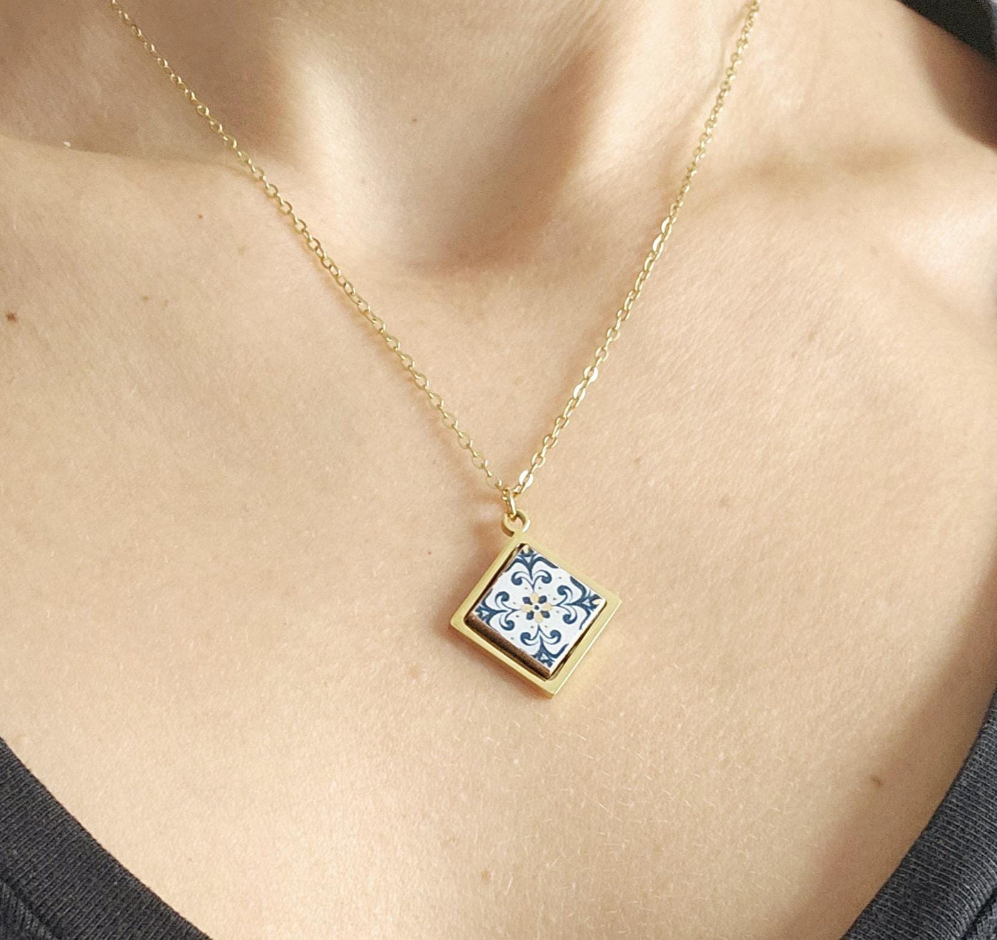 GOLD Blue Yellow Tile Charm Necklace Portuguese Tile Azulejo Gold Pendant Steel Square Necklace Tile Portugal Gift Handmade Souvenir