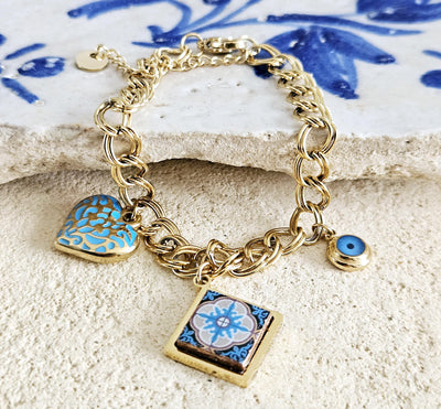 GOLD Charm Tile Bracelet Large Chain Bracelet Stainless Steel Square Turquoise Heart Charm Evil Eye Charm Bracelet Christmas Portugal Gift