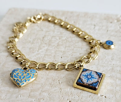 GOLD Charm Tile Bracelet Large Chain Bracelet Stainless Steel Square Turquoise Heart Charm Evil Eye Charm Bracelet Christmas Portugal Gift