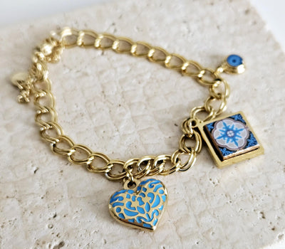 GOLD Charm Tile Bracelet Large Chain Bracelet Stainless Steel Square Turquoise Heart Charm Evil Eye Charm Bracelet Christmas Portugal Gift