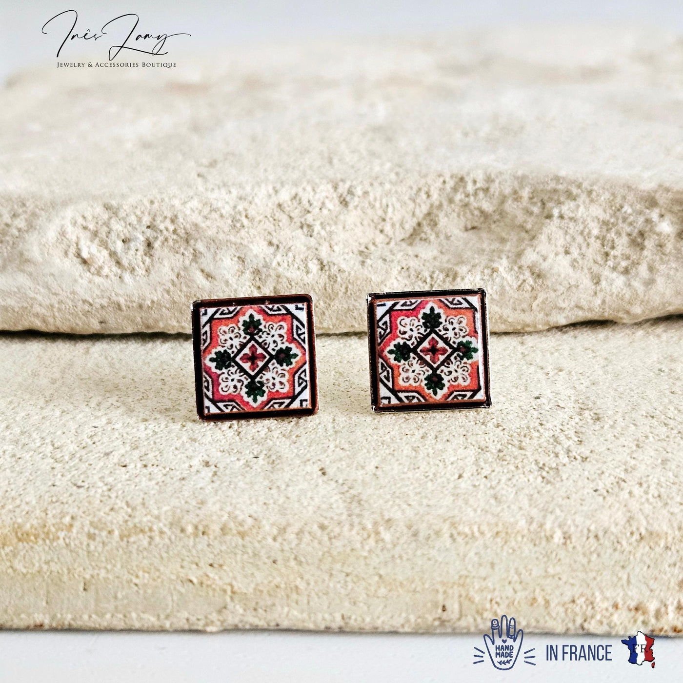 Portugal BURGUNDY Tile Silver Stud Earring Small Square Tile Post Portuguese Azulejo Geometric Red White Earring Wife Gift Handmade Jewelry