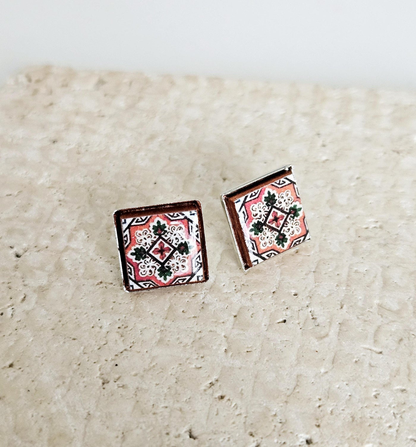 Portugal BURGUNDY Tile Silver Stud Earring Small Square Tile Post Portuguese Azulejo Geometric Red White Earring Wife Gift Handmade Jewelry