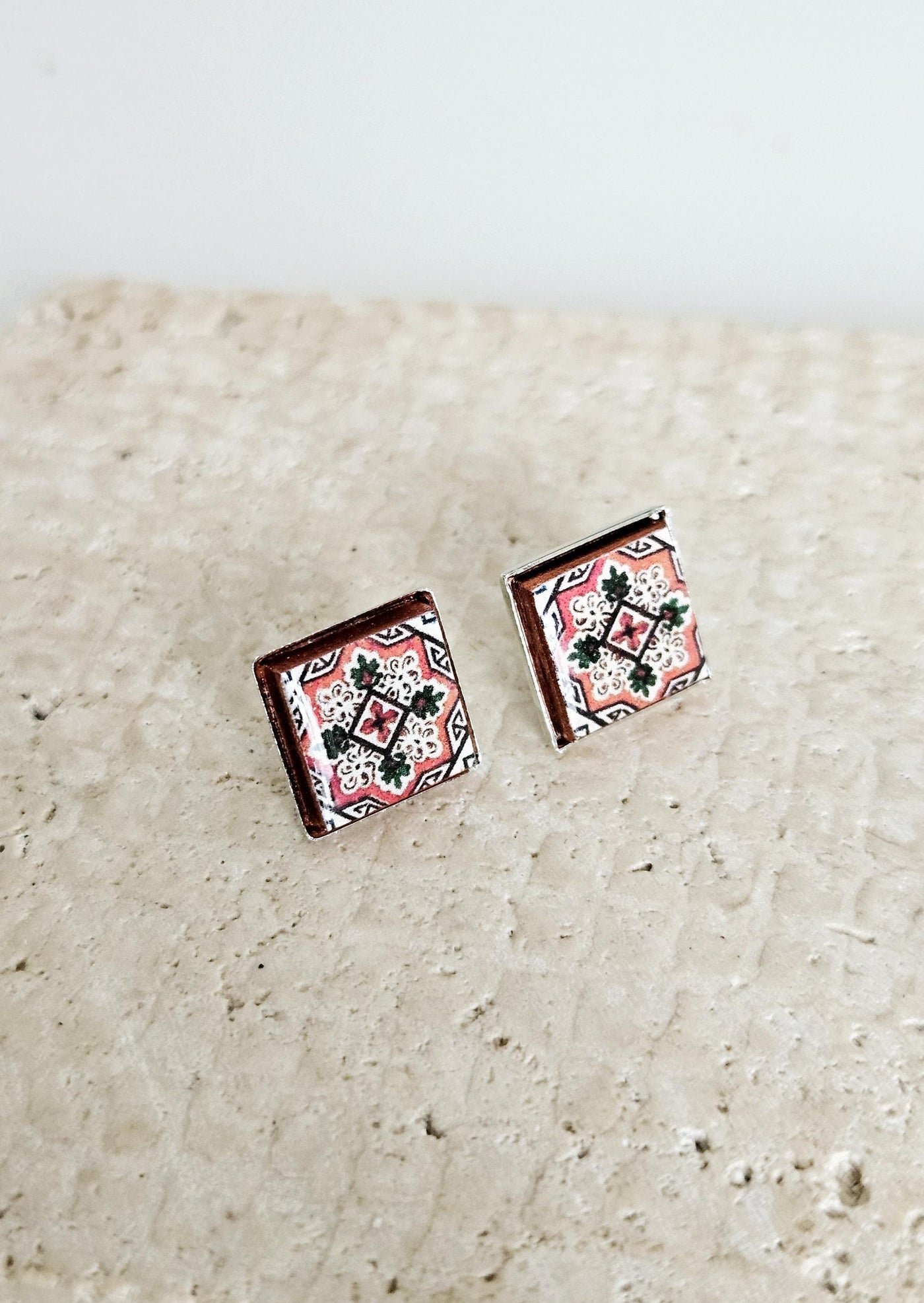 Portugal BURGUNDY Tile Silver Stud Earring Small Square Tile Post Portuguese Azulejo Geometric Red White Earring Wife Gift Handmade Jewelry