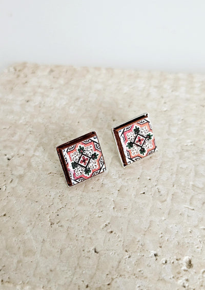 Portugal BURGUNDY Tile Silver Stud Earring Small Square Tile Post Portuguese Azulejo Geometric Red White Earring Wife Gift Handmade Jewelry