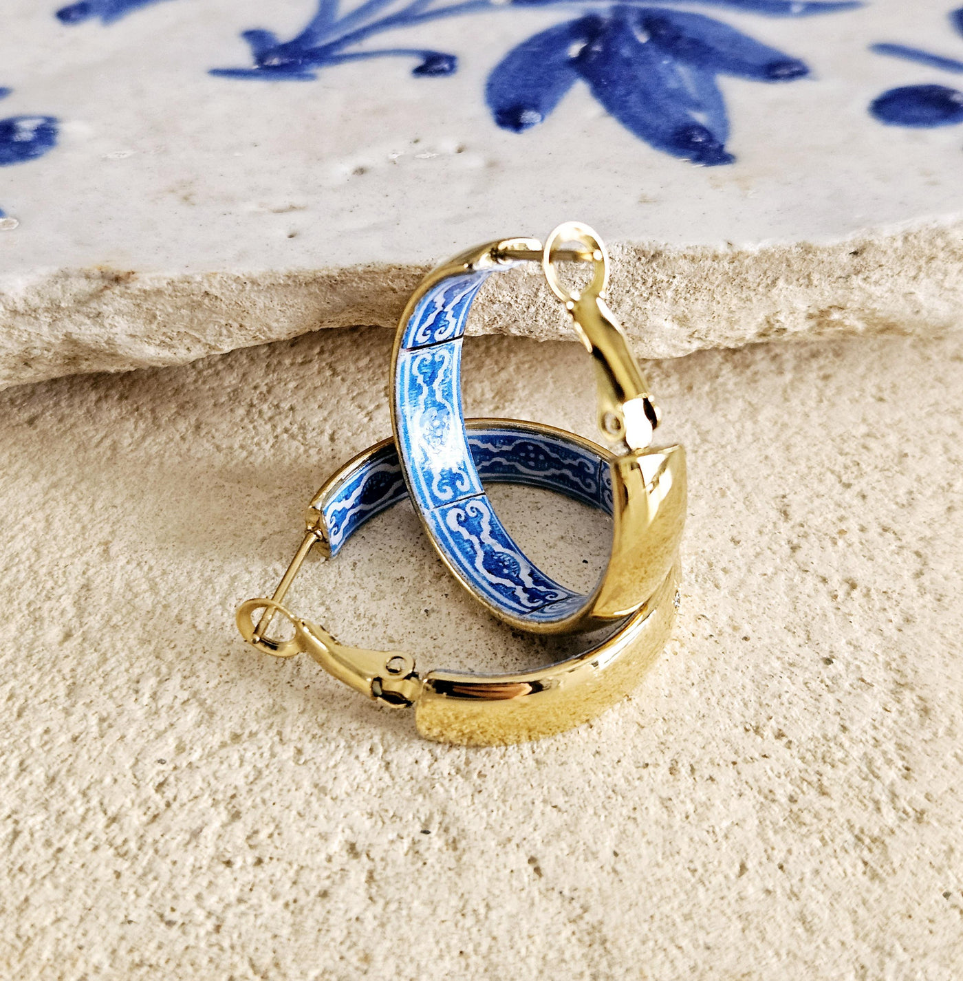 GOLD Hoop BLUE Tile Large Earring STEEL Azulejo Inlay Stars Hoop Historical Jewelry Anniversary Women Handmade Sapphire Blue Jewelry Gift