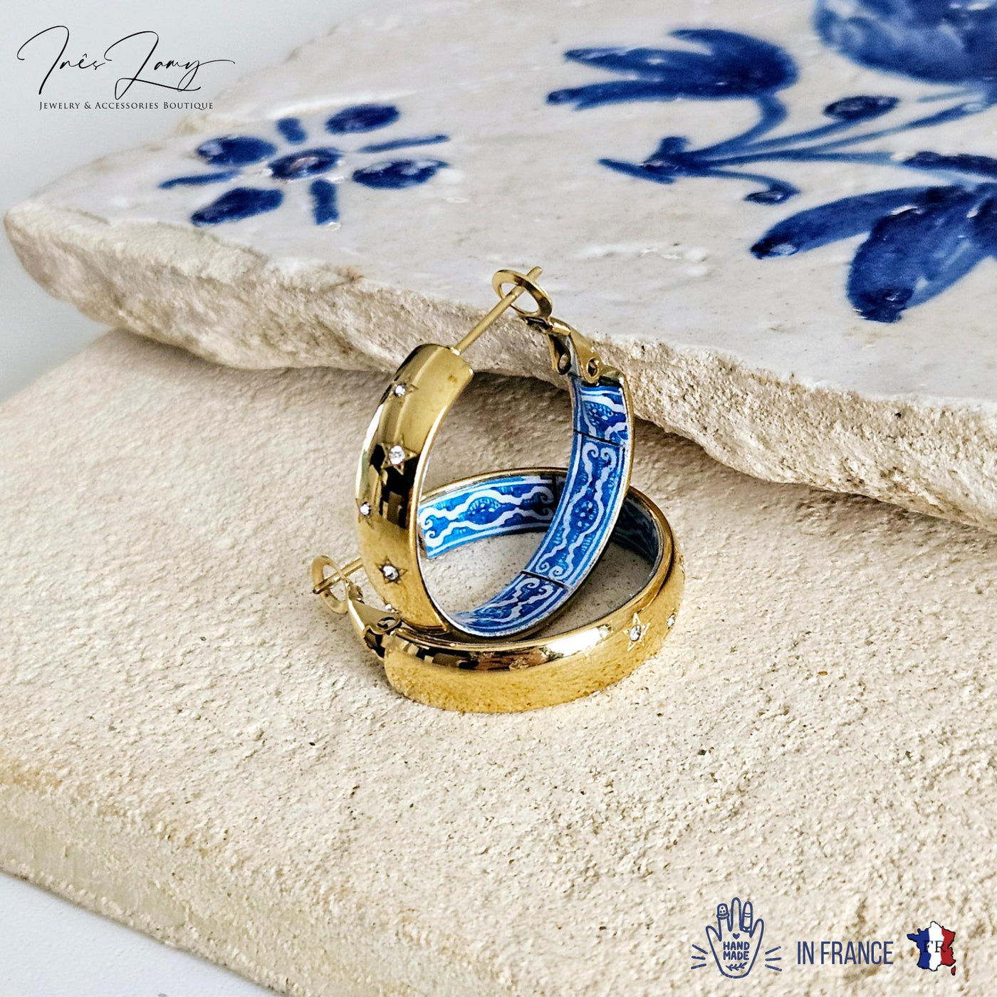 GOLD Hoop BLUE Tile Large Earring STEEL Azulejo Inlay Stars Hoop Historical Jewelry Anniversary Women Handmade Sapphire Blue Jewelry Gift