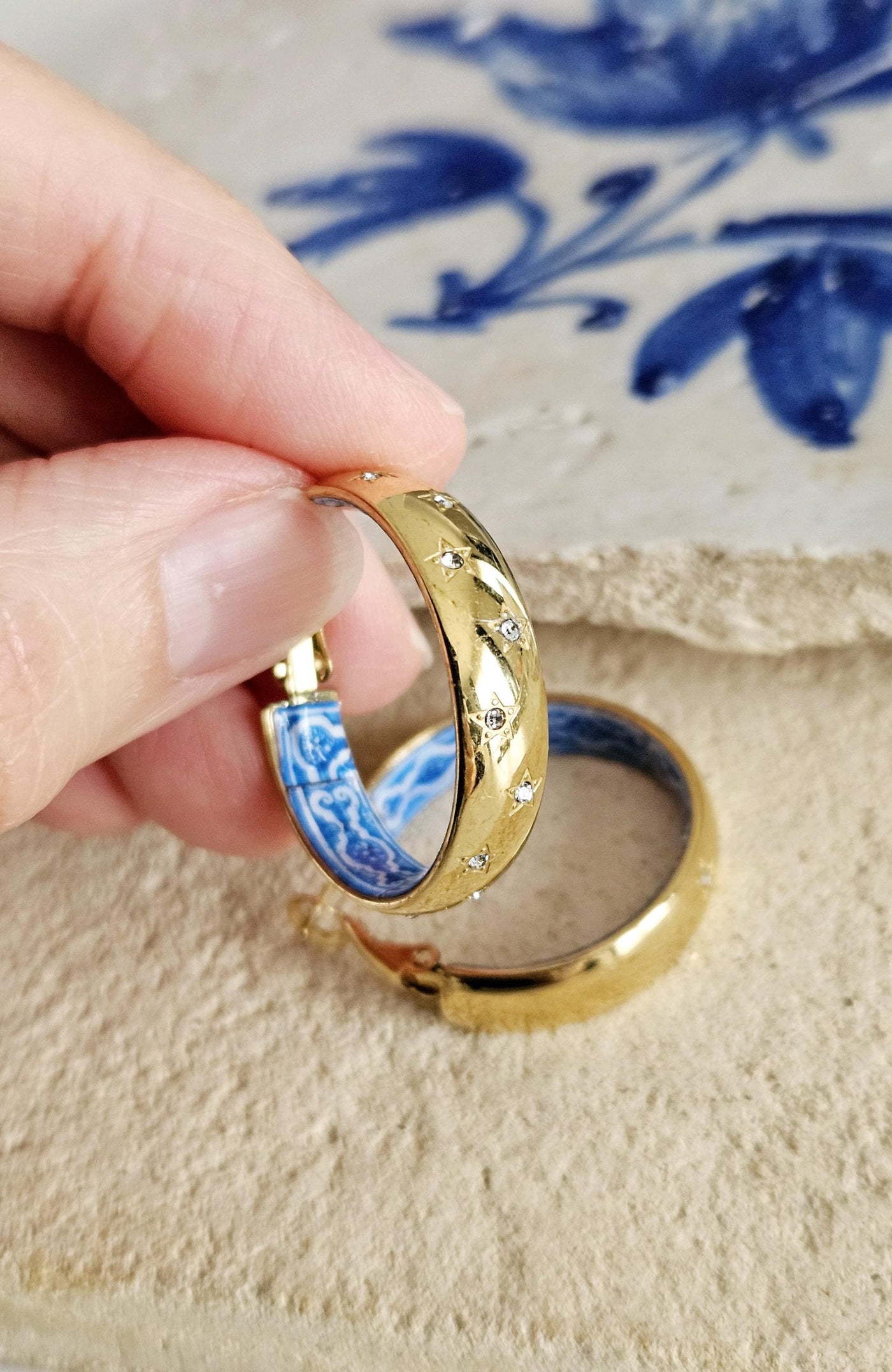 GOLD Hoop BLUE Tile Large Earring STEEL Azulejo Inlay Stars Hoop Historical Jewelry Anniversary Women Handmade Sapphire Blue Jewelry Gift