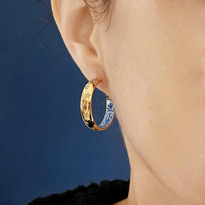 GOLD Hoop BLUE Tile Large Earring STEEL Azulejo Inlay Stars Hoop Historical Jewelry Anniversary Women Handmade Sapphire Blue Jewelry Gift