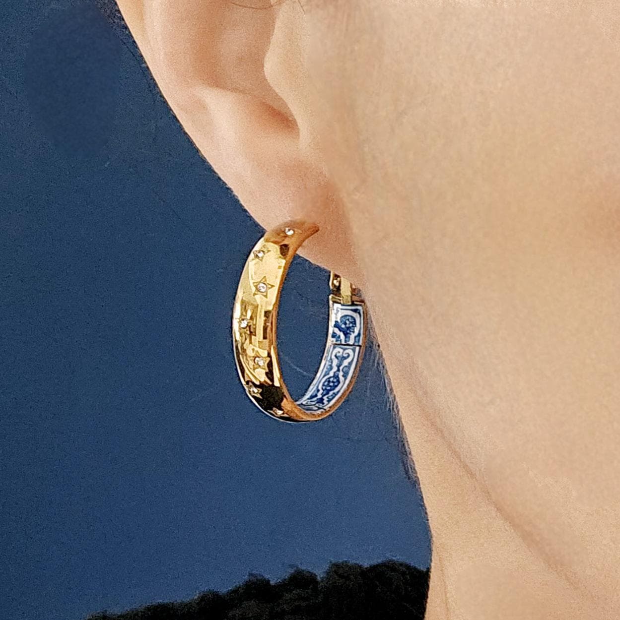 GOLD Hoop BLUE Tile Large Earring STEEL Azulejo Inlay Stars Hoop Historical Jewelry Anniversary Women Handmade Sapphire Blue Jewelry Gift