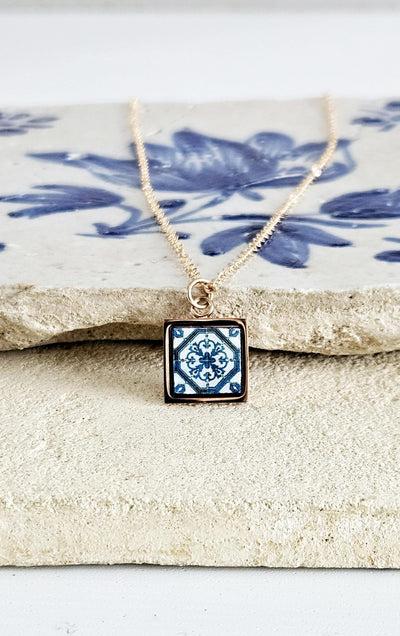 ROSE GOLD Lisbon Tile Charm Necklace Blue White Tile Portugal Azulejo Gold Pendant Steel Square Necklace Tile Portugal Handmade Mom Gift