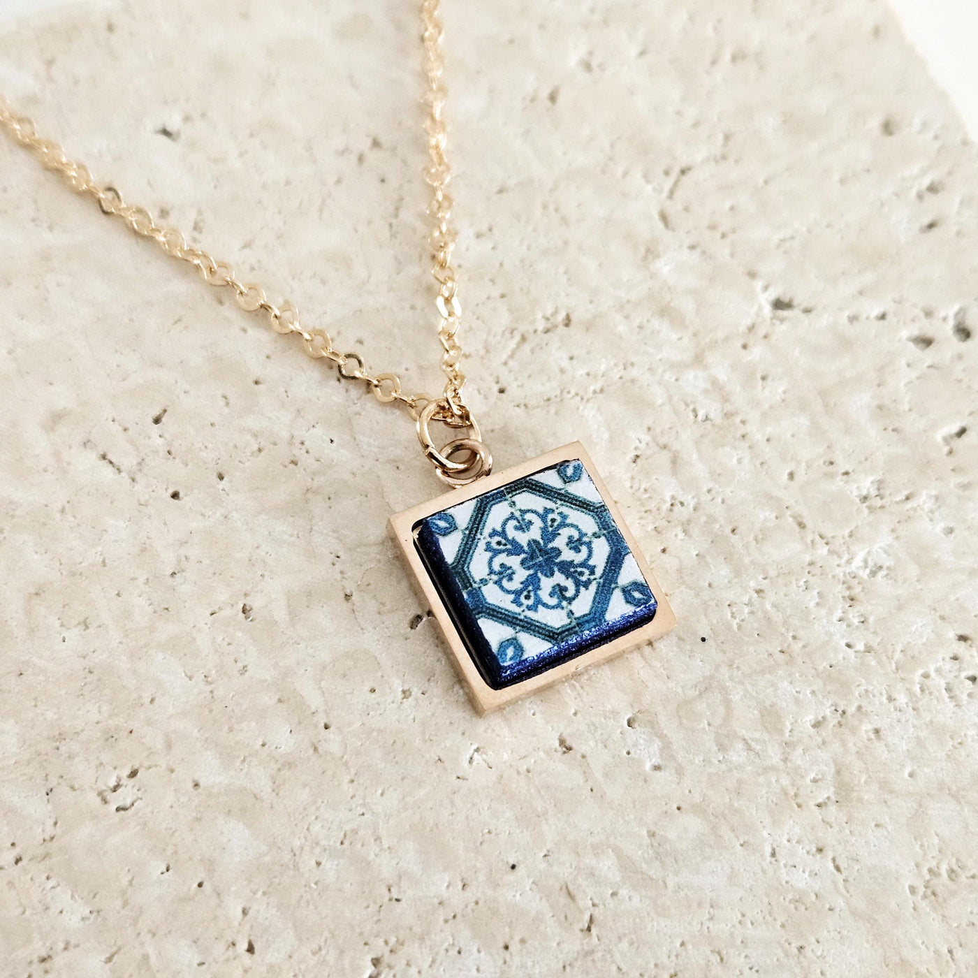 ROSE GOLD Lisbon Tile Charm Necklace Blue White Tile Portugal Azulejo Gold Pendant Steel Square Necklace Tile Portugal Handmade Mom Gift