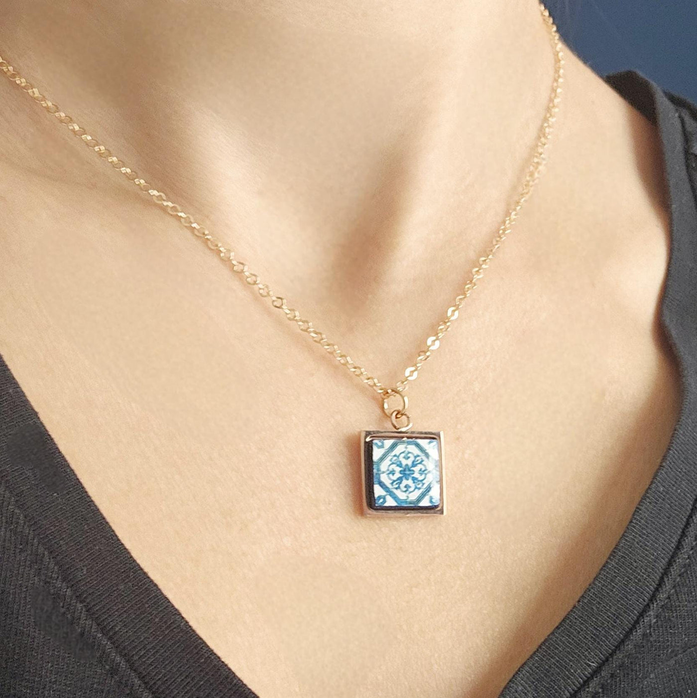 ROSE GOLD Lisbon Tile Charm Necklace Blue White Tile Portugal Azulejo Gold Pendant Steel Square Necklace Tile Portugal Handmade Mom Gift