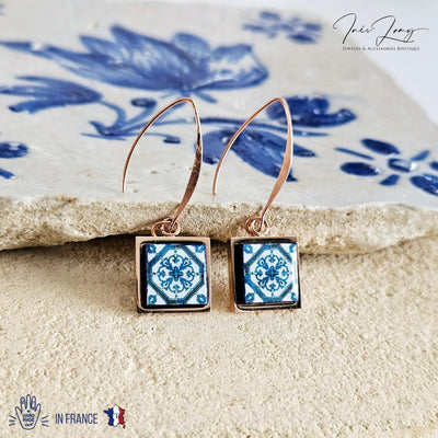 Lisbon Tile Rose Gold Long Earring Square Drop Tile Earring Gold STEEL Antique Portugal Azulejo Jewelry Mother Gift Wedding Earring Gift