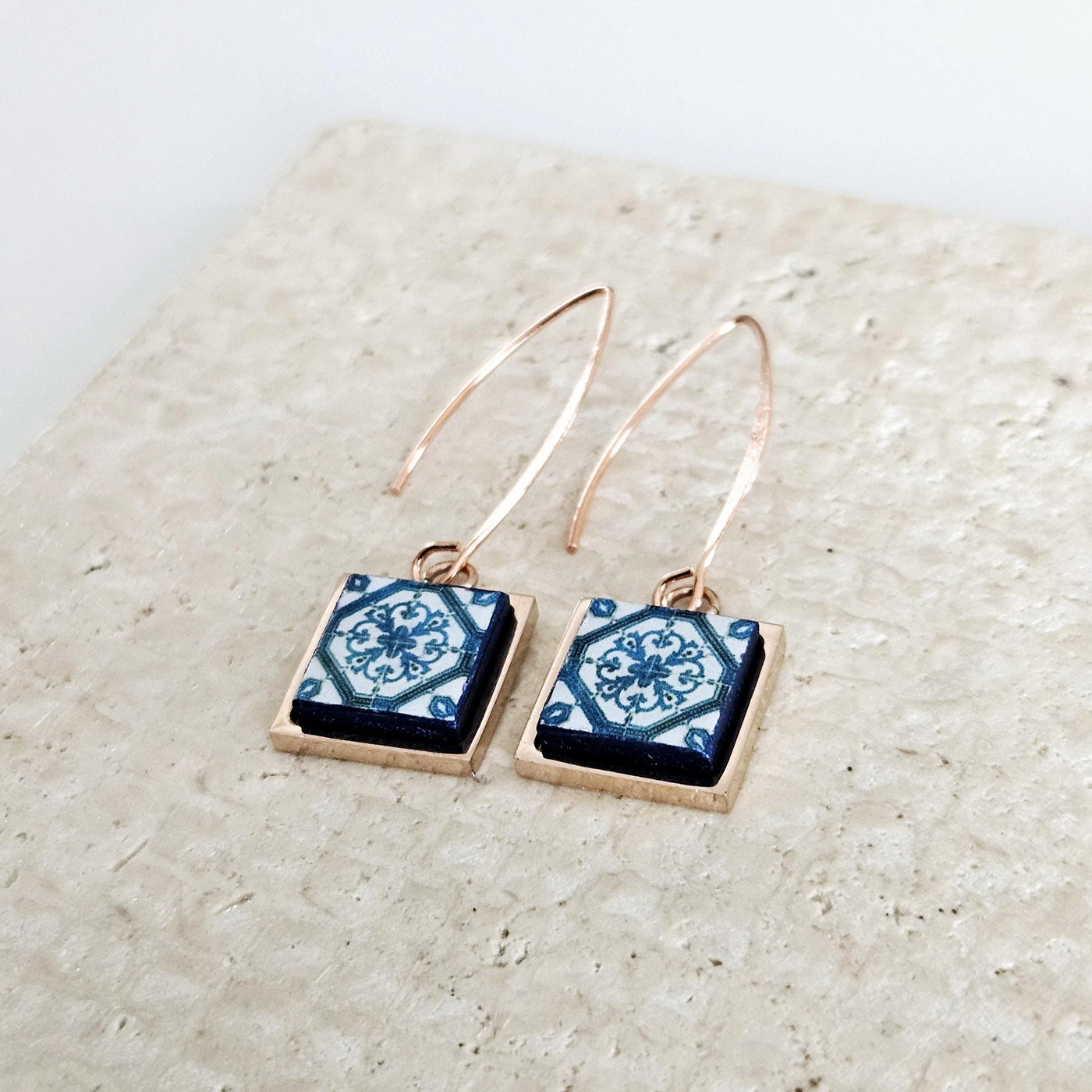 Lisbon Tile Rose Gold Long Earring Square Drop Tile Earring Gold STEEL Antique Portugal Azulejo Jewelry Mother Gift Wedding Earring Gift