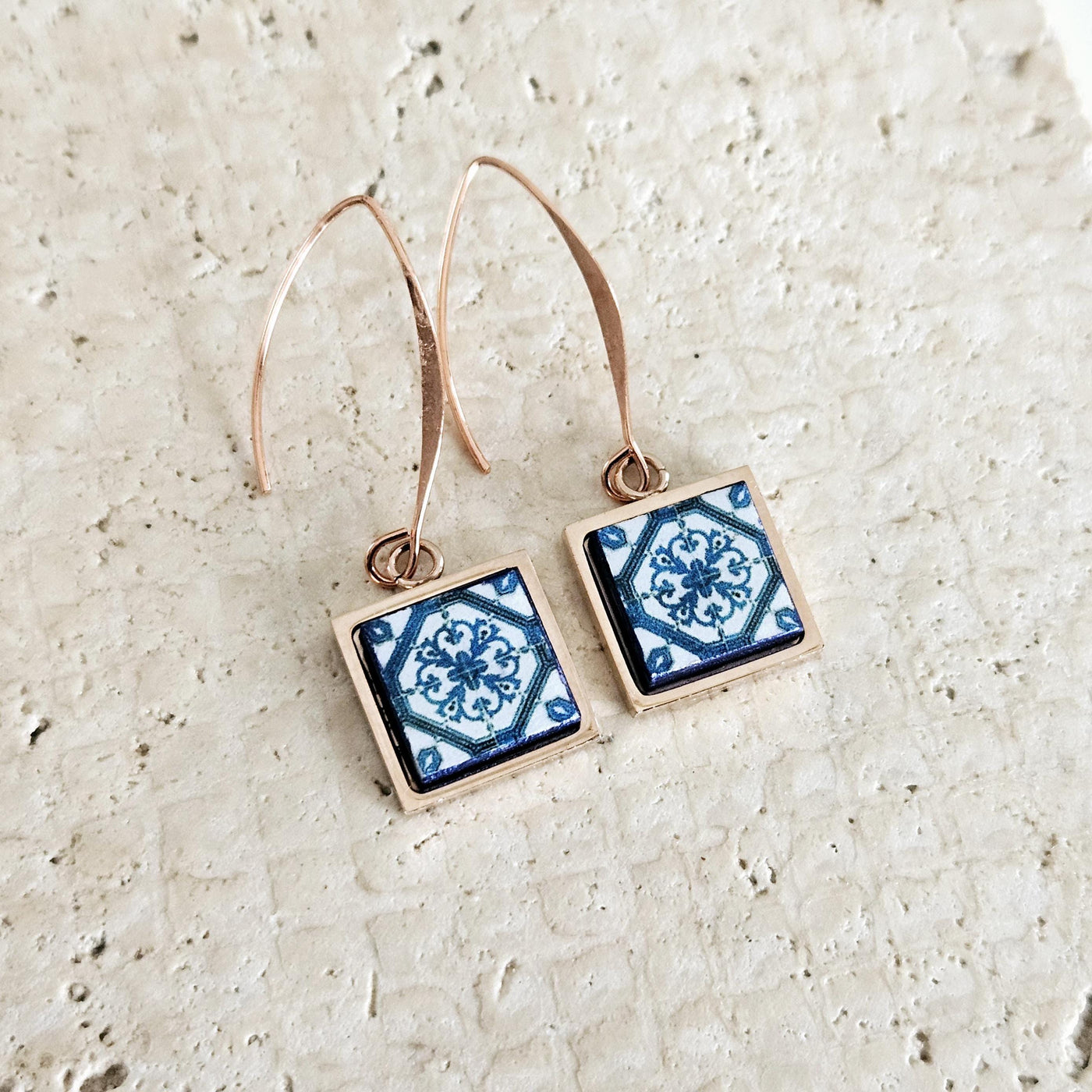 Lisbon Tile Rose Gold Long Earring Square Drop Tile Earring Gold STEEL Antique Portugal Azulejo Jewelry Mother Gift Wedding Earring Gift