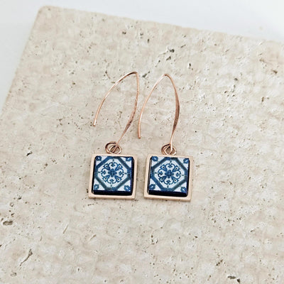 Lisbon Tile Rose Gold Long Earring Square Drop Tile Earring Gold STEEL Antique Portugal Azulejo Jewelry Mother Gift Wedding Earring Gift