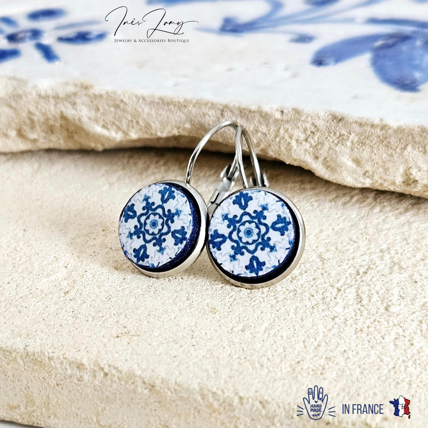 Portugal Blue Round Azulejo Earring Silver STEEL Portuguese Tile Drop Earring Geometric Earring Majolica Blue Tile Antique Azulejo Earring