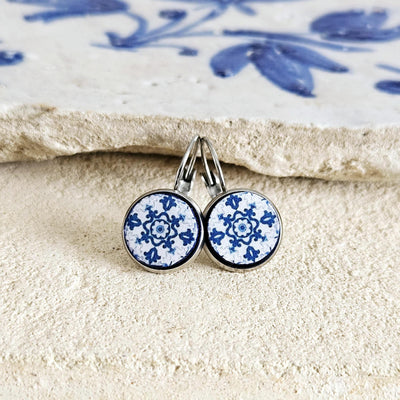 Portugal Blue Round Azulejo Earring Silver STEEL Portuguese Tile Drop Earring Geometric Earring Majolica Blue Tile Antique Azulejo Earring