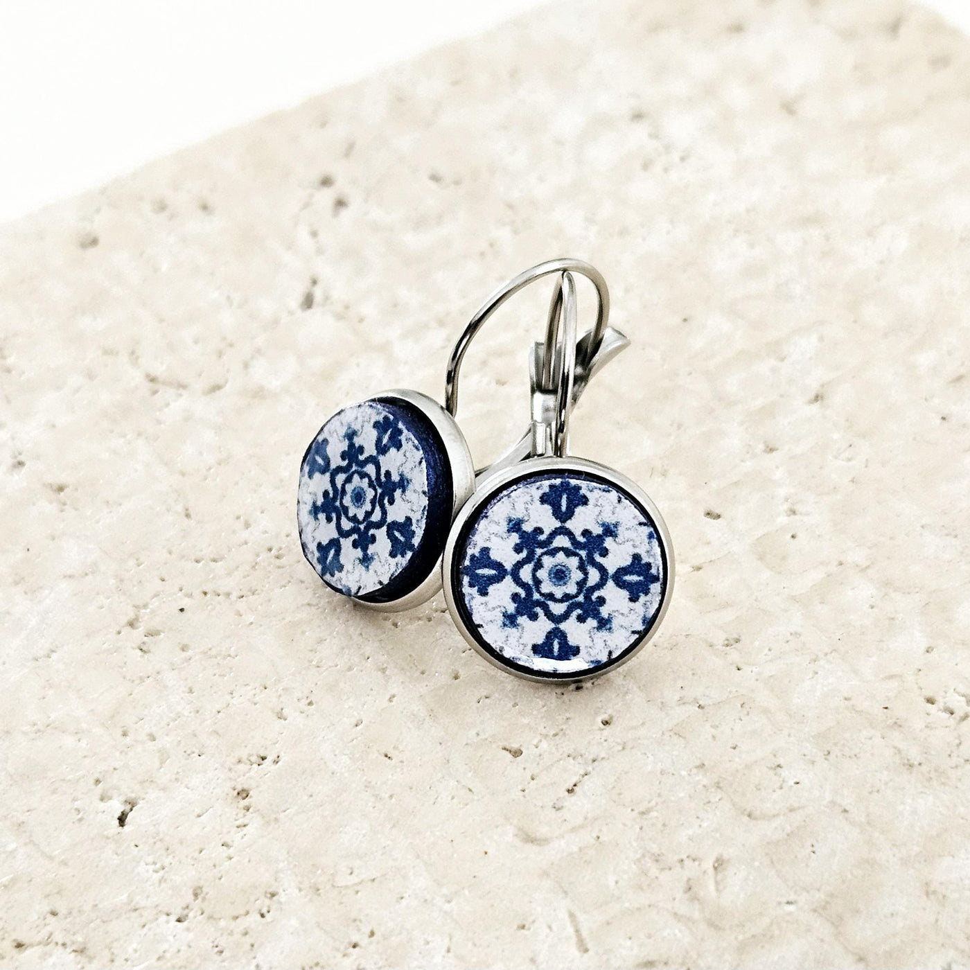 Portugal Blue Round Azulejo Earring Silver STEEL Portuguese Tile Drop Earring Geometric Earring Majolica Blue Tile Antique Azulejo Earring