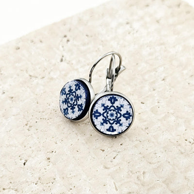 Portugal Blue Round Azulejo Earring Silver STEEL Portuguese Tile Drop Earring Geometric Earring Majolica Blue Tile Antique Azulejo Earring