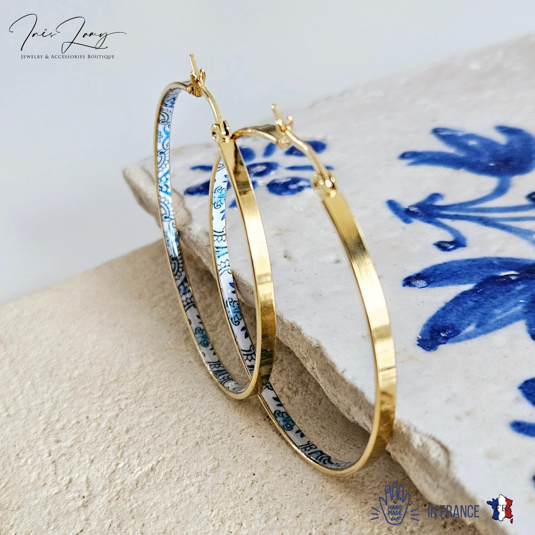 Portuguese Tile Hoop Earrings, Blue Statement Hoops, Tribal Ethnic Earrings, Antique Silver Tiles Hoops, Oversized shops Hoops, Boho Blue hoops