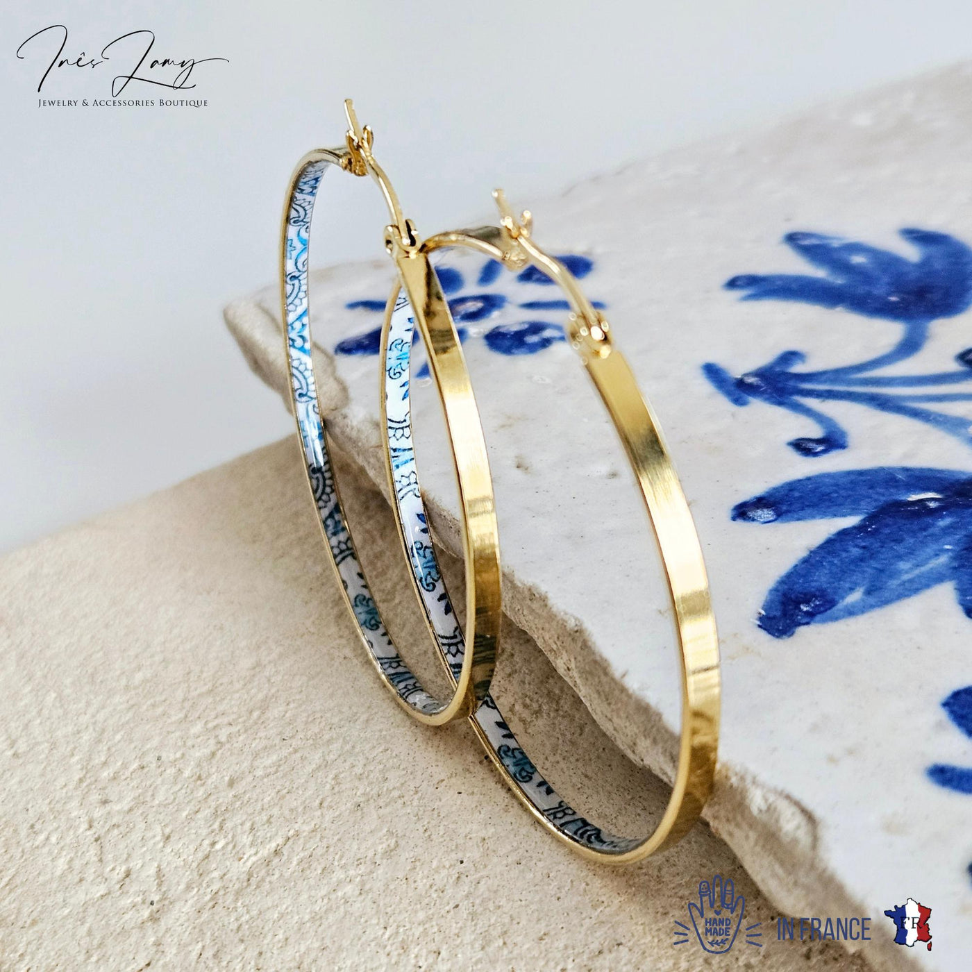 GOLD Flat HOOP Tile Earring Portugal Stainless STEEL Azulejo Delicate Gold Hoop Historical Gold Jewelry Travel Gift Portuguese Blue Tile