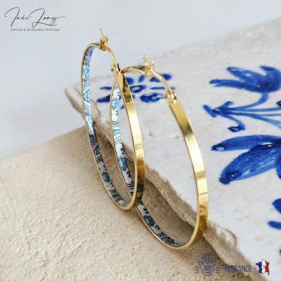 GOLD Flat HOOP Tile Earring Portugal Stainless STEEL Azulejo Delicate Gold Hoop Historical Gold Jewelry Travel Gift Portuguese Blue Tile