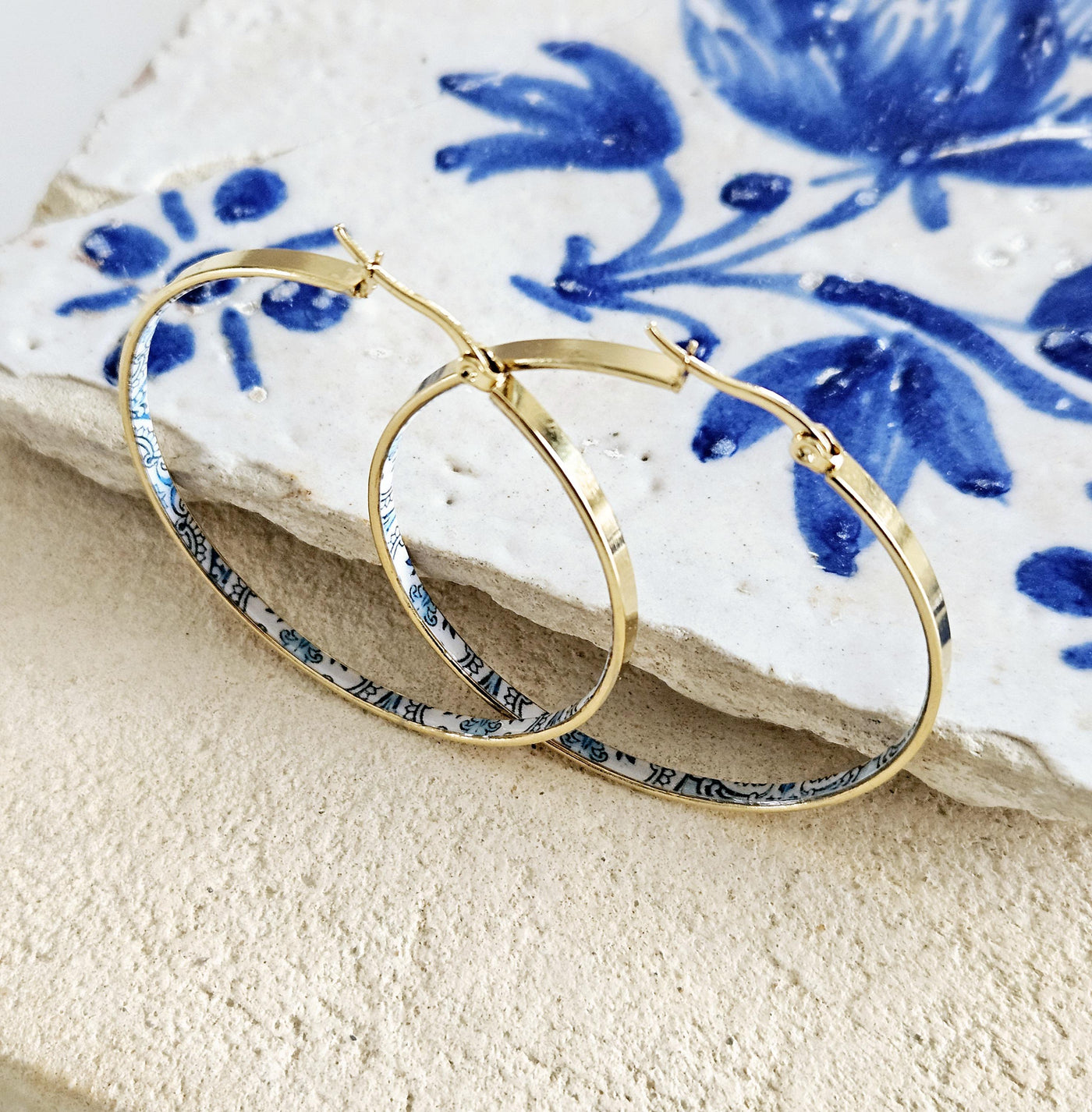 GOLD Flat HOOP Tile Earring Portugal Stainless STEEL Azulejo Delicate Gold Hoop Historical Gold Jewelry Travel Gift Portuguese Blue Tile