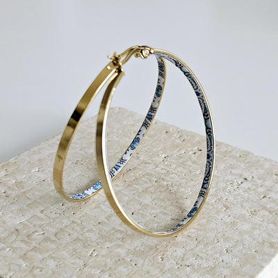 GOLD Flat HOOP Tile Earring Portugal Stainless STEEL Azulejo Delicate Gold Hoop Historical Gold Jewelry Travel Gift Portuguese Blue Tile