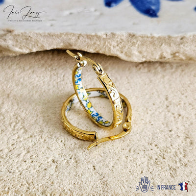 GOLD Etched Hoop Earrings Yellow Blue Inlay Tile Hoop Portuguese Tile Jewelry Anniversary Birthday Gift for Women Stainless Steel 22mm|0.9"