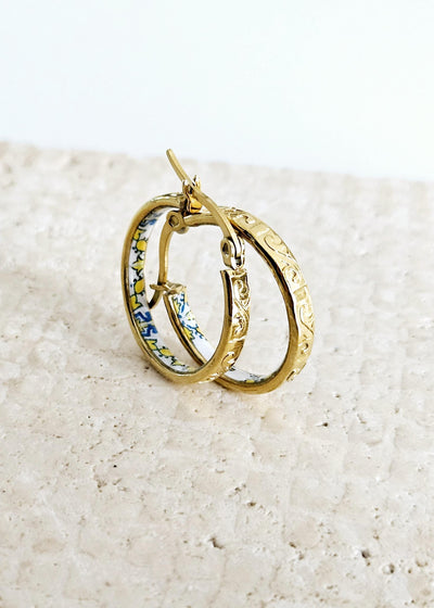 GOLD Etched Hoop Earrings Yellow Blue Inlay Tile Hoop Portuguese Tile Jewelry Anniversary Birthday Gift for Women Stainless Steel 22mm|0.9"