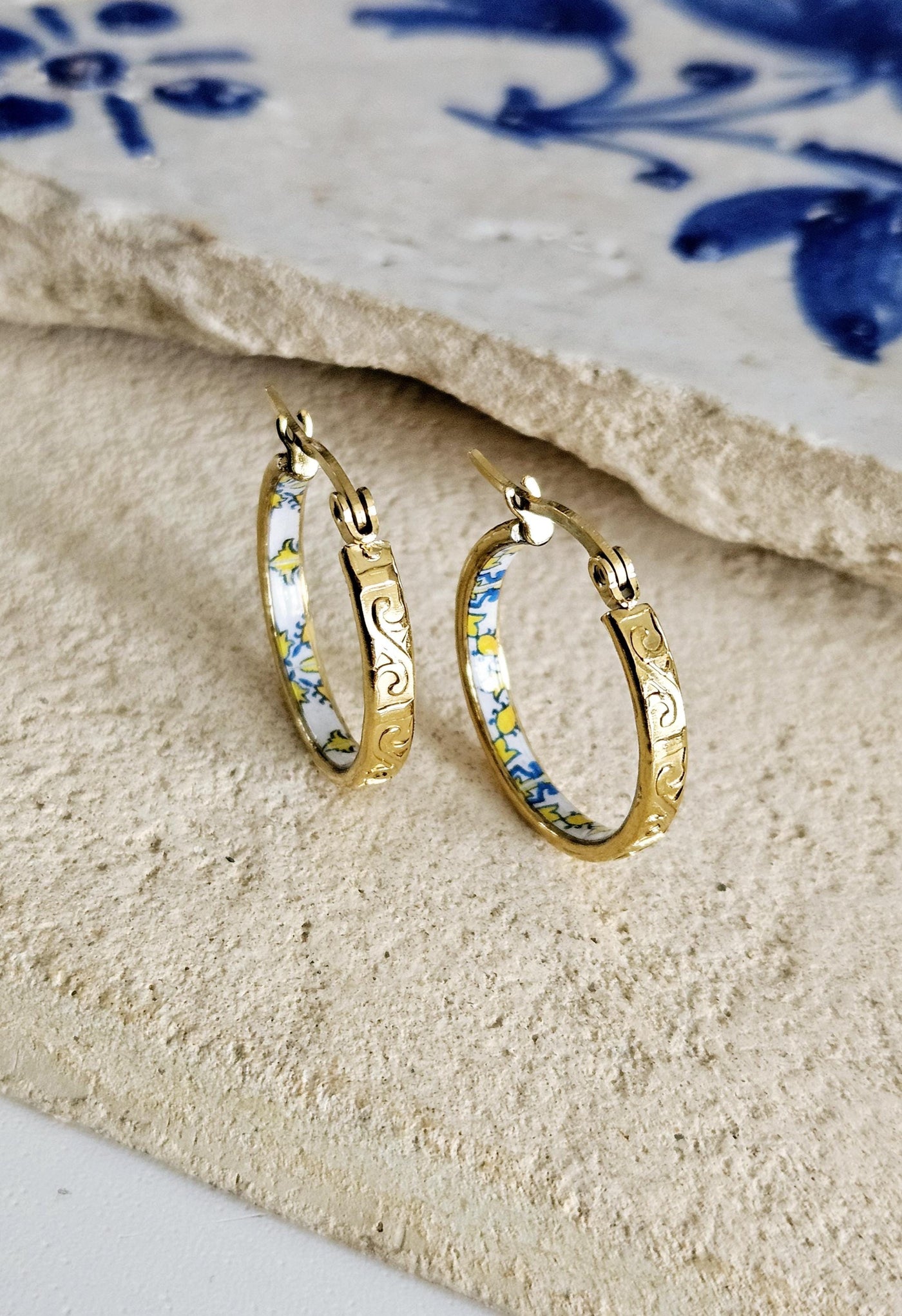 GOLD Etched Hoop Earrings Yellow Blue Inlay Tile Hoop Portuguese Tile Jewelry Anniversary Birthday Gift for Women Stainless Steel 22mm|0.9"