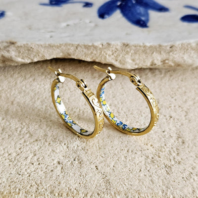 GOLD Etched Hoop Earrings Yellow Blue Inlay Tile Hoop Portuguese Tile Jewelry Anniversary Birthday Gift for Women Stainless Steel 22mm|0.9"