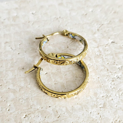 GOLD Etched Hoop Earrings Yellow Blue Inlay Tile Hoop Portuguese Tile Jewelry Anniversary Birthday Gift for Women Stainless Steel 22mm|0.9"