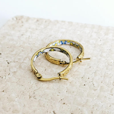 GOLD Etched Hoop Earrings Yellow Blue Inlay Tile Hoop Portuguese Tile Jewelry Anniversary Birthday Gift for Women Stainless Steel 22mm|0.9"