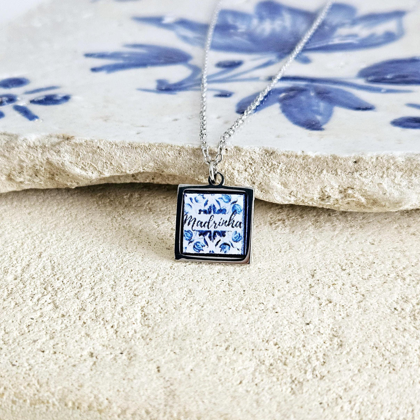 Personalized Madrinha Portugal Tile Necklace Family Gift Custom Handmade Gift Godmother Necklace Baptism Jewelry Blue White Tile Azulejo