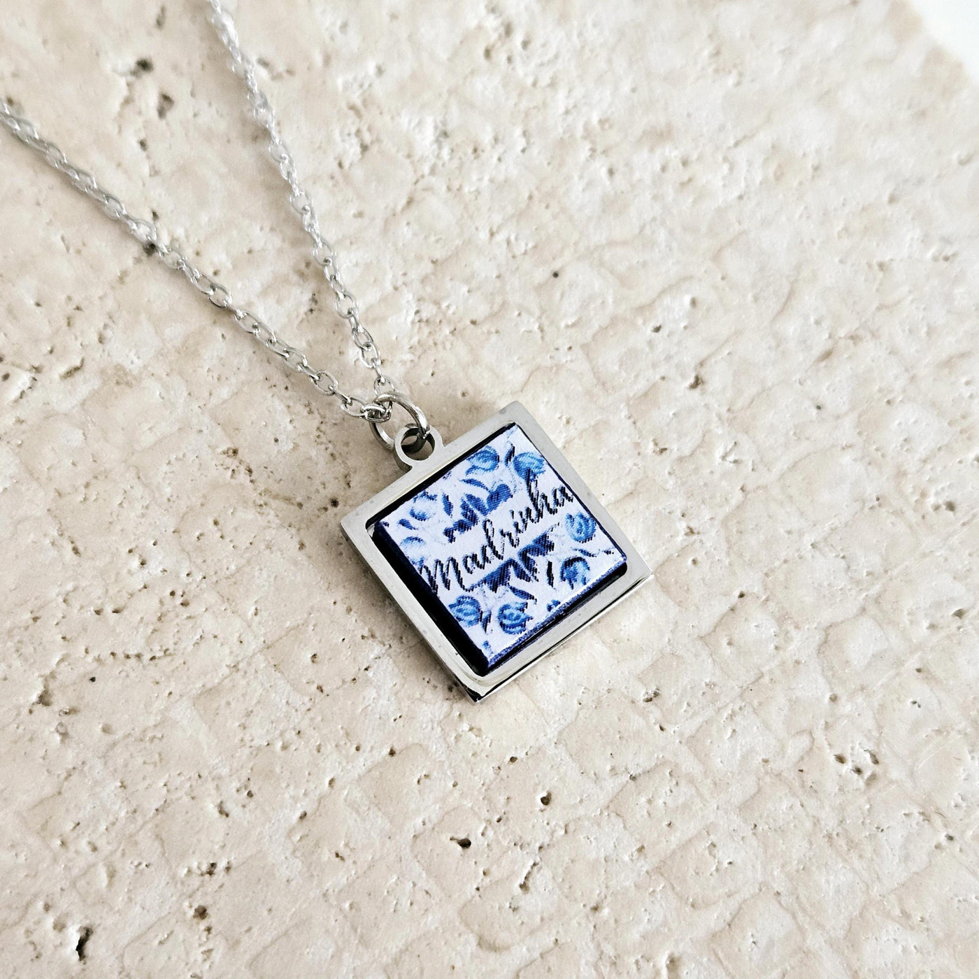 Personalized Madrinha Portugal Tile Necklace Family Gift Custom Handmade Gift Godmother Necklace Baptism Jewelry Blue White Tile Azulejo