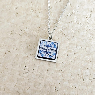 Personalized Madrinha Portugal Tile Necklace Family Gift Custom Handmade Gift Godmother Necklace Baptism Jewelry Blue White Tile Azulejo