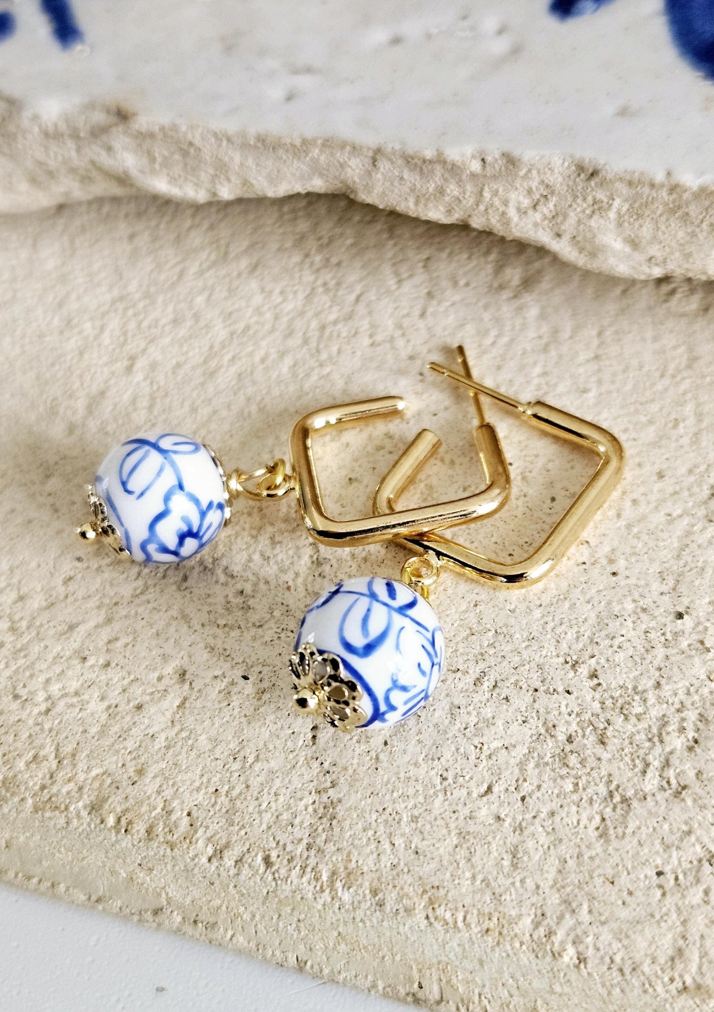 Geometric Square HOOP GOLD Ceramic Handpainted Flower Globe Bead Earring Porcelain Blue White Jewelry Flower Earring Pottery Birthday Gift