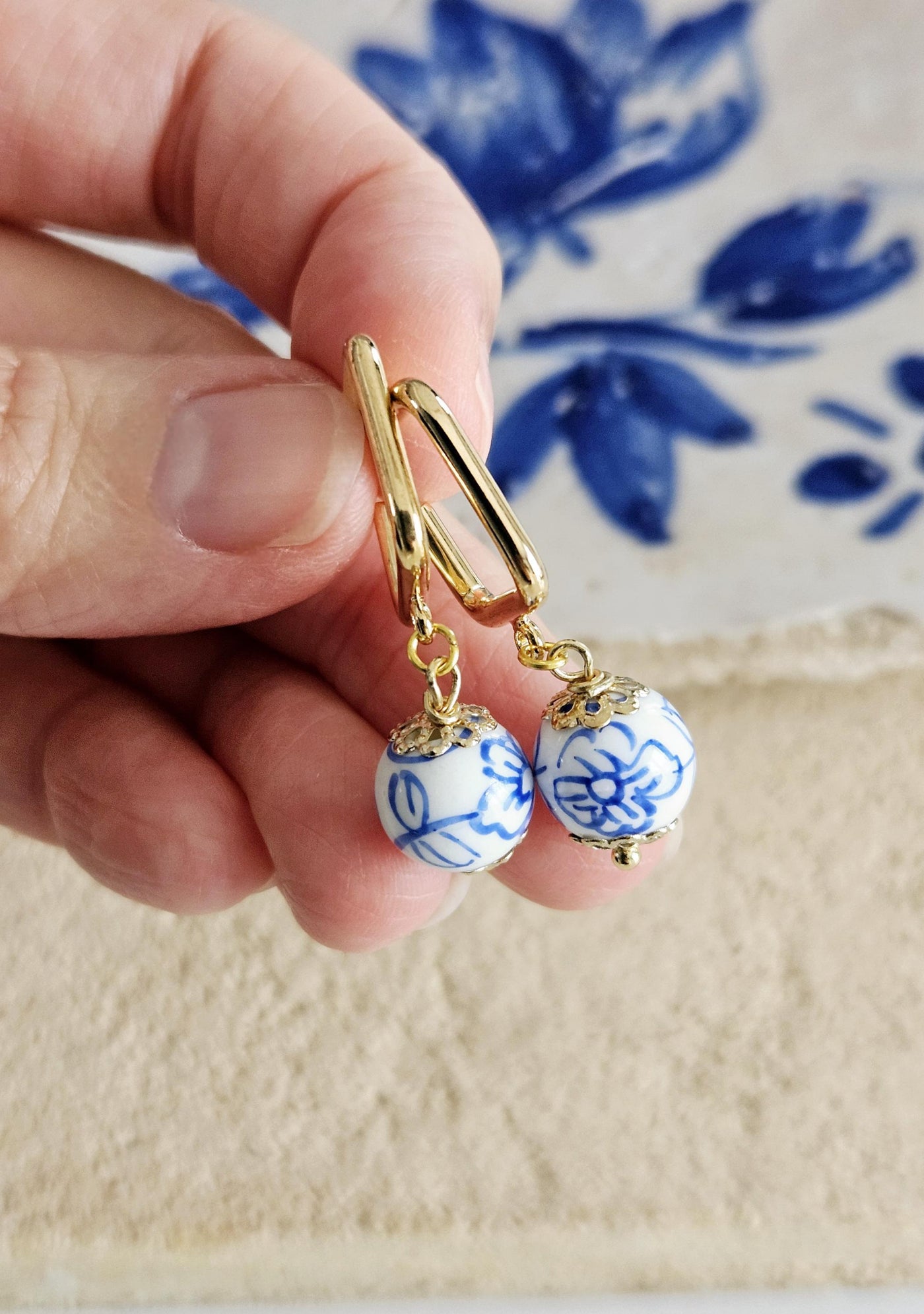 Geometric Square HOOP GOLD Ceramic Handpainted Flower Globe Bead Earring Porcelain Blue White Jewelry Flower Earring Pottery Birthday Gift