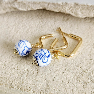 Geometric Square HOOP GOLD Ceramic Handpainted Flower Globe Bead Earring Porcelain Blue White Jewelry Flower Earring Pottery Birthday Gift