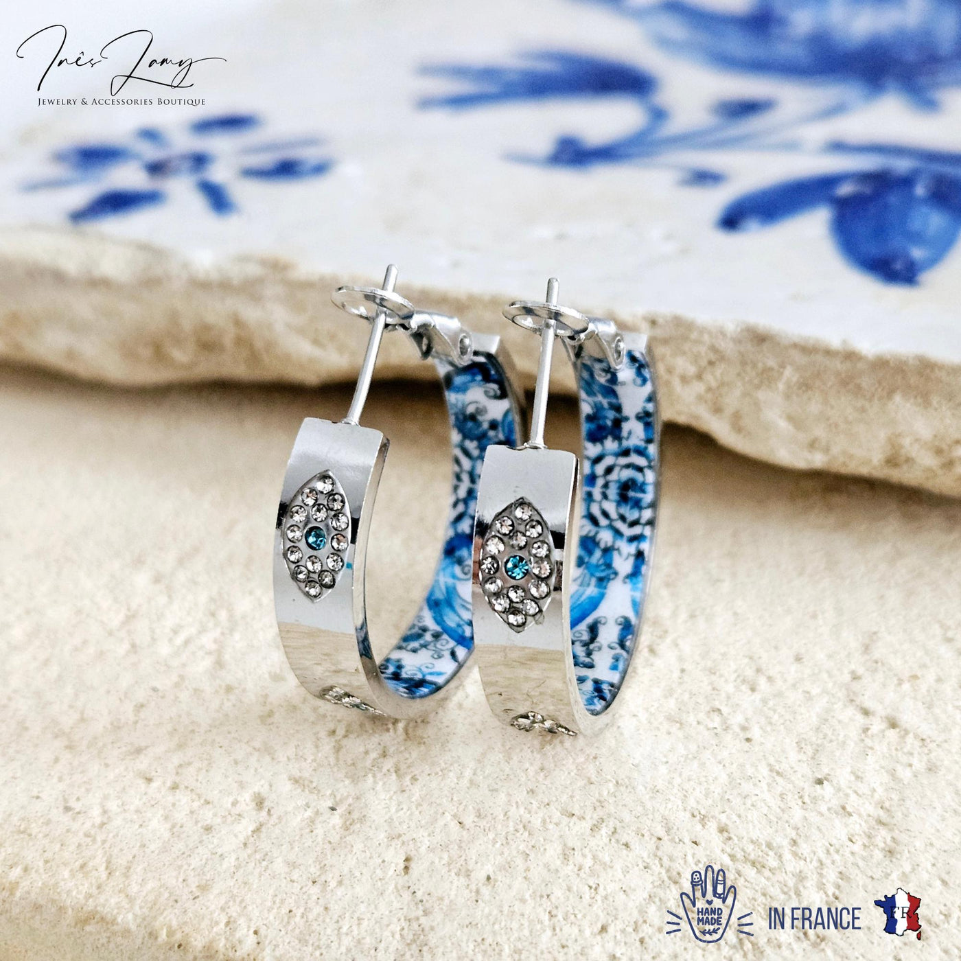 Evil Eye BLUE Tile Large HOOP Earring Blue Flower Silver STEEL Azulejo Hoop Historical Jewelry Anniversary Women Handmade Gift 27mm|1.1''