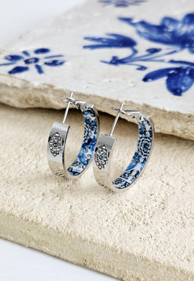 Evil Eye BLUE Tile Large HOOP Earring Blue Flower Silver STEEL Azulejo Hoop Historical Jewelry Anniversary Women Handmade Gift 27mm|1.1''