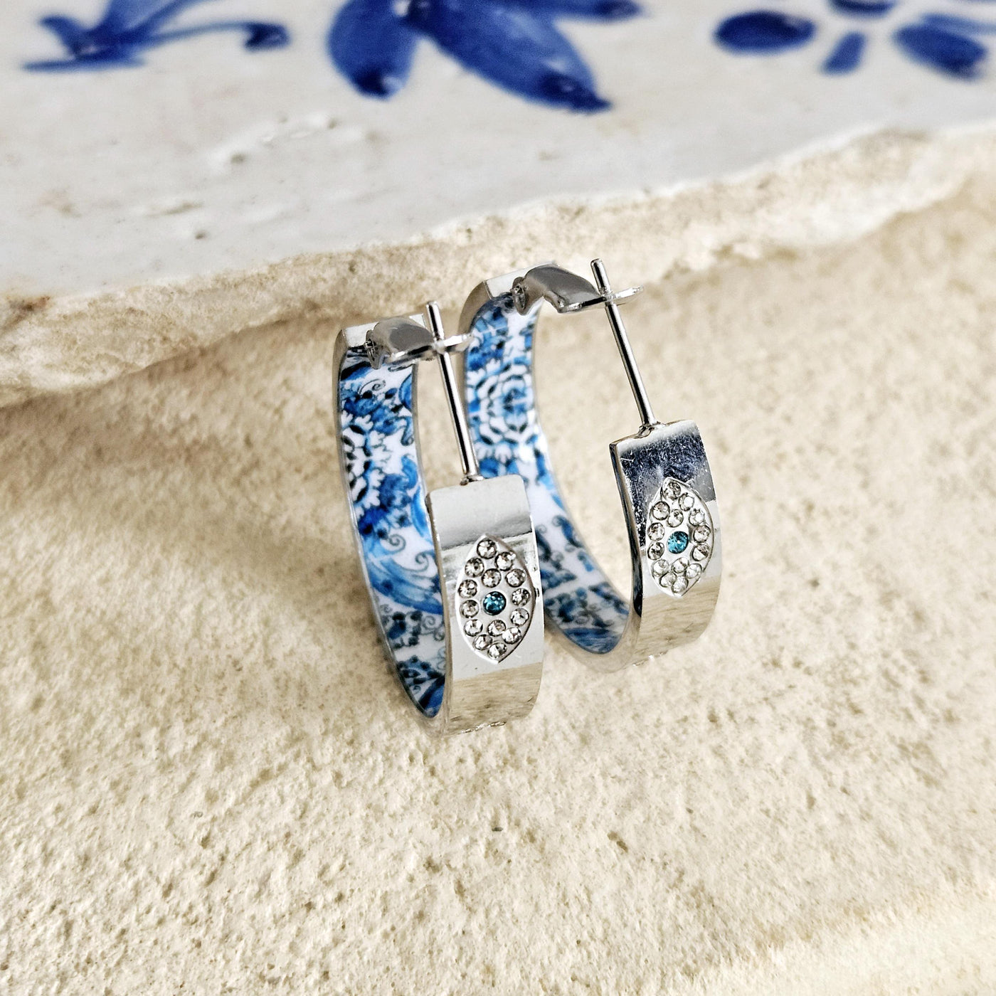 Evil Eye BLUE Tile Large HOOP Earring Blue Flower Silver STEEL Azulejo Hoop Historical Jewelry Anniversary Women Handmade Gift 27mm|1.1''