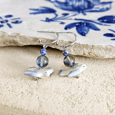 Ceramic Swallow Charm Hoop Earrings Bird Blue STEEL Earring Labradorite Stone Bead Earring Pigeon Ceramic Bird Jewelry Gift Portuguese Gift