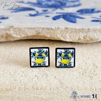 Flower Antique Portugal Tile Silver Stud Earring Small Square Tile Post Portuguese Azulejo Geometric Yellow Earring Gift Handmade Jewelry