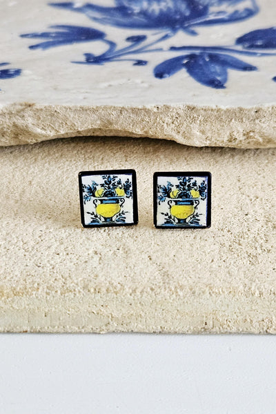 Flower Antique Portugal Tile Silver Stud Earring Small Square Tile Post Portuguese Azulejo Geometric Yellow Earring Gift Handmade Jewelry