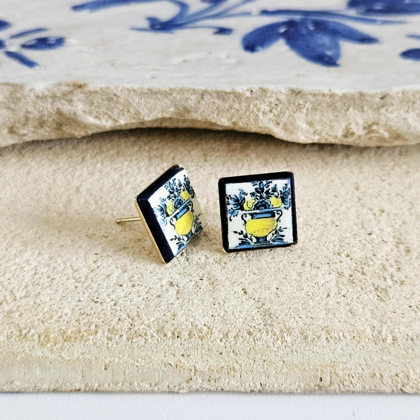 Flower Antique Portugal Tile Silver Stud Earring Small Square Tile Post Portuguese Azulejo Geometric Yellow Earring Gift Handmade Jewelry