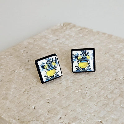 Flower Antique Portugal Tile Silver Stud Earring Small Square Tile Post Portuguese Azulejo Geometric Yellow Earring Gift Handmade Jewelry